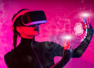 Tworzenie cyfrowych murali na potrzeby VR i metaverse z użyciem AI Młoda kobieta w goglach VR tworzy cyfrowy mural w futurystycznym interfejsie