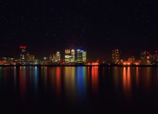 Obróbka zdjęć nocnych w mieście krok po kroku od redukcji szumów po kreatywne podkreślenie świateł i kolorów neonów Nocna panorama miasta z odbiciami świateł w wodzie i gwiaździstym niebem